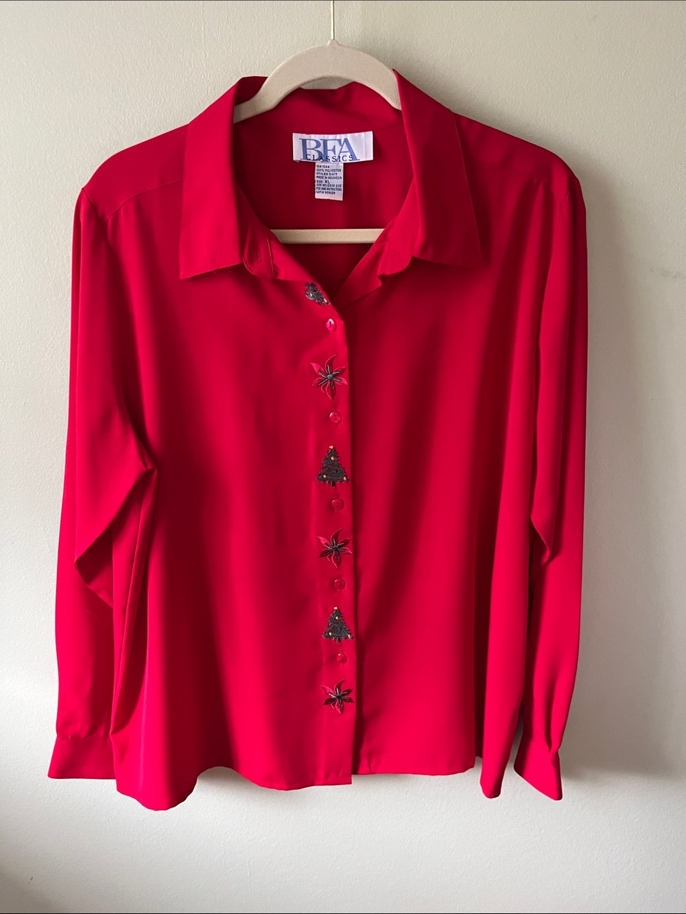 BFA Classics Red Button-Front Holiday Embellished Women's Shirt